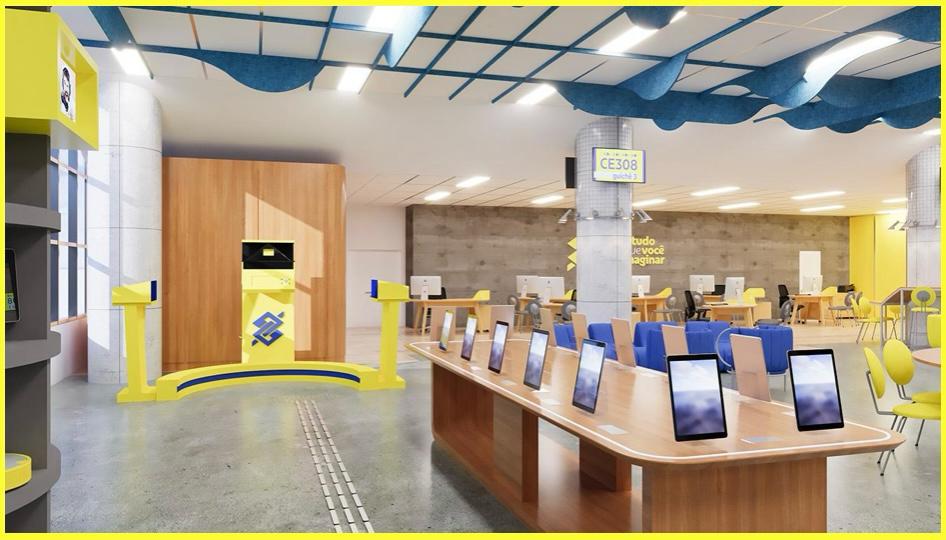 Interior de agência bancária moderna amarela e azul, com caixa eletrônico, tablets em exposição e mesas de atendimento.