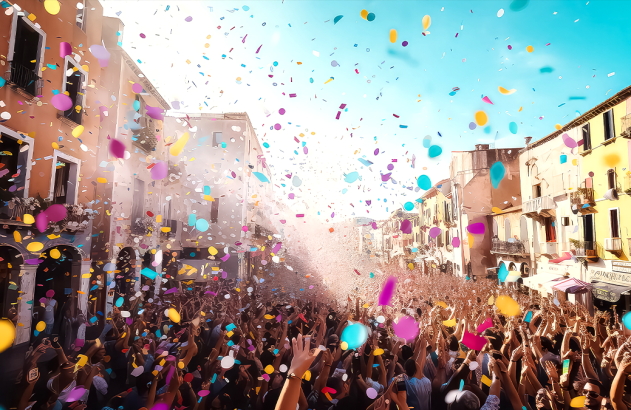 Multidão celebrando em rua com confetes coloridos caindo. Prédios históricos ao fundo.