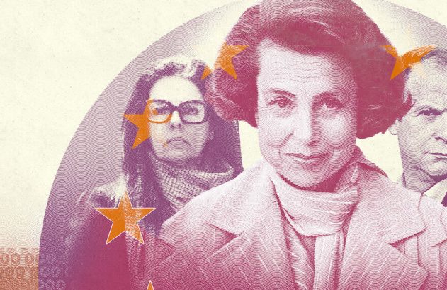 Três retratos estilizados de pessoas, com duas mulheres e um homem, em roxo e rosa com estrelas laranja, estilo gravura.