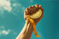 Punho erguido segurando medalha de ouro e fita amarela contra céu azul com nuvens.