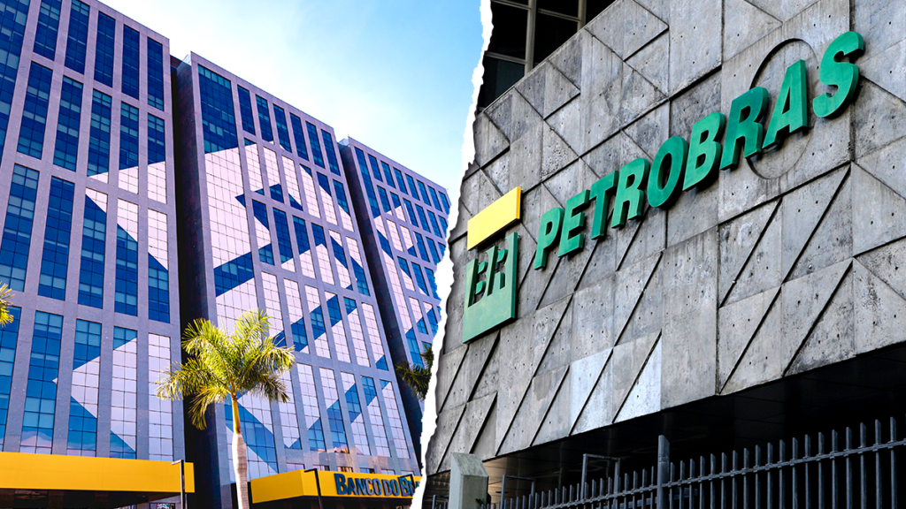 Prédios do Banco do Brasil (esq.) e Petrobras (dir.) separados por rasgo central.