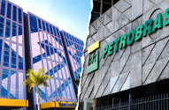 Prédios do Banco do Brasil (esq.) e Petrobras (dir.) separados por rasgo central.
