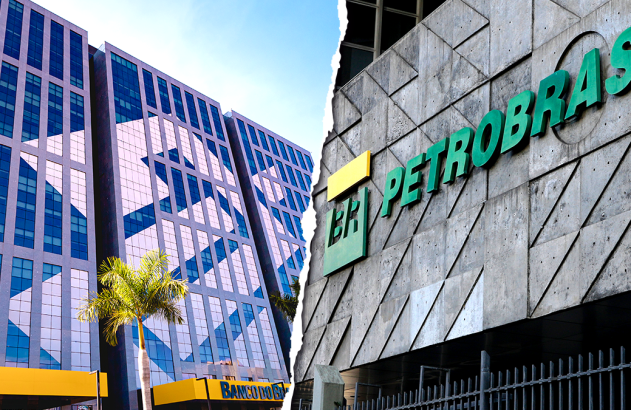 Prédios do Banco do Brasil (esq.) e Petrobras (dir.) separados por rasgo central.