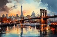 Pintura de cidade ao pôr do sol, com Ponte do Brooklyn, Torre Eiffel e barcos no rio. Luzes se refletem na água.