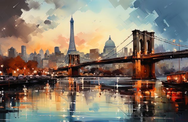 Pintura de cidade ao pôr do sol, com Ponte do Brooklyn, Torre Eiffel e barcos no rio. Luzes se refletem na água.