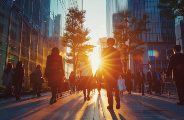 Pessoas caminhando em rua urbana, contraluz do sol intenso cria brilho e sombras longas.