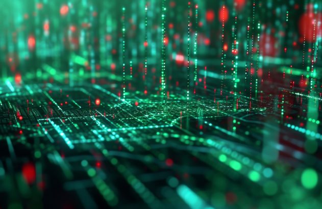 Imagem digital abstrata com pontos de luz verde e vermelha, formando circuitos e fluxos de dados cibernéticos.