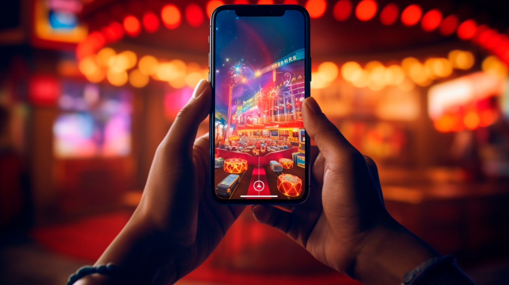 Mãos seguram smartphone. Na tela, um jogo AR mostra cena festiva com luzes e carros. Fundo desfocado.