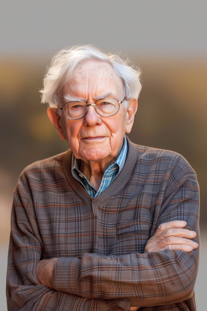Retrato de homem idoso, cabelo branco, óculos, suéter xadrez, braços cruzados, olhando para frente.