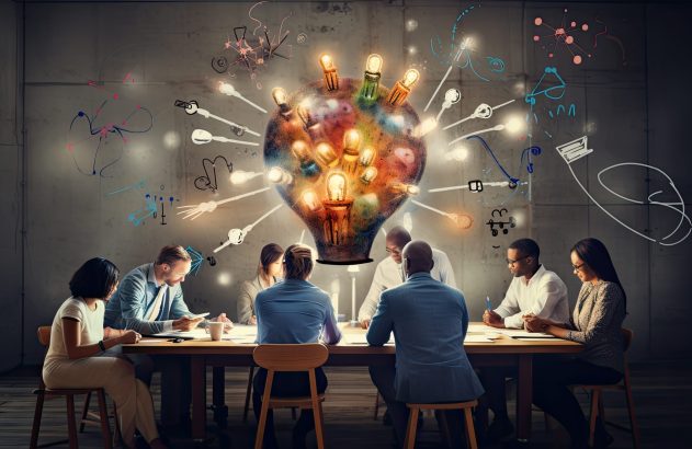 Equipe em reunião de brainstorming. Grande lâmpada central simboliza a eclosão de ideias e criatividade na colaboração.