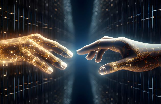 Duas mãos digitais e luminosas de circuitos se aproximam e quase se tocam, criando um brilho central.