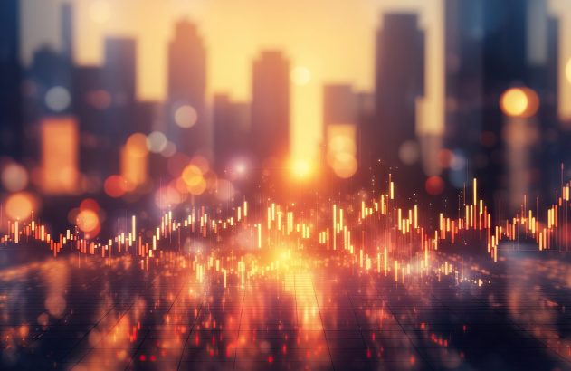 Gráficos de mercado luminosos em primeiro plano, com cidade ao entardecer no fundo.