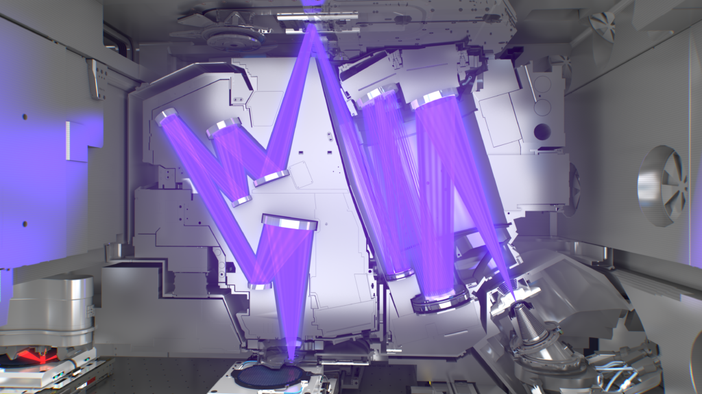 Interior de máquina de litografia. Múltiplos feixes de luz UV violeta são focados por sistema óptico em um wafer de semicondutor.