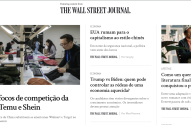 Layout de página inicial do The Wall Street Journal com manchetes e imagens de escritório e um homem.