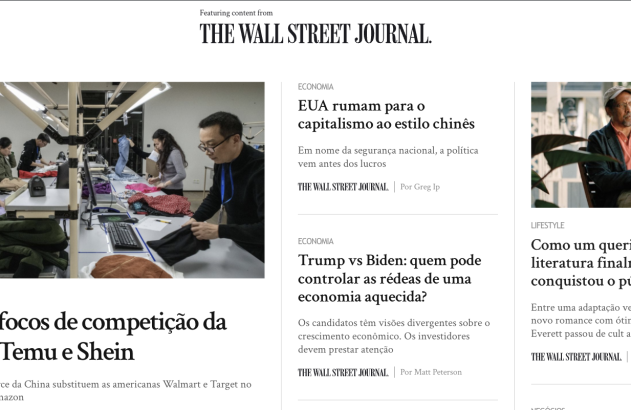 Layout de página inicial do The Wall Street Journal com manchetes e imagens de escritório e um homem.