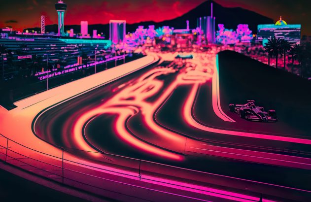 Vista noturna de cidade iluminada por neon. Longos rastros de luz de veículos em estradas movimentadas. Estilo retrofuturista.