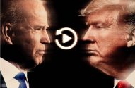 Confronto de Biden e Trump com ícone de vídeo/replay no centro.