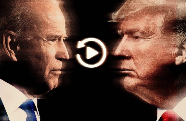 Confronto de Biden e Trump com ícone de vídeo/replay no centro.