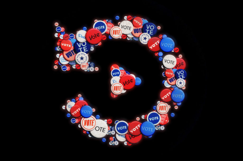 Botões de voto vermelho, branco e azul formam um ícone de "play" em fundo preto.