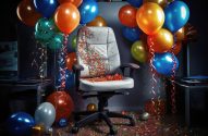 Cadeira de escritório com confete e balões coloridos espalhados, em cena de festa terminada.