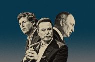 Montagem de Tucker Carlson, Elon Musk e Vladimir Putin em fundo azul.