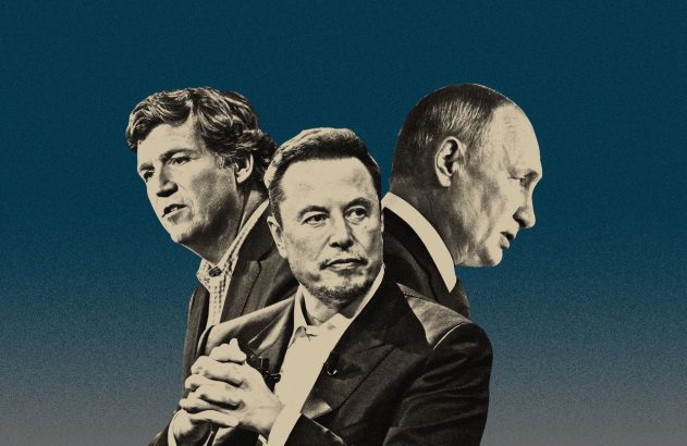 Montagem de Tucker Carlson, Elon Musk e Vladimir Putin em fundo azul.