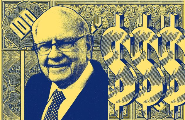 Retrato de Warren Buffett em estilo de nota, com "100" e cifrões em amarelo e azul.