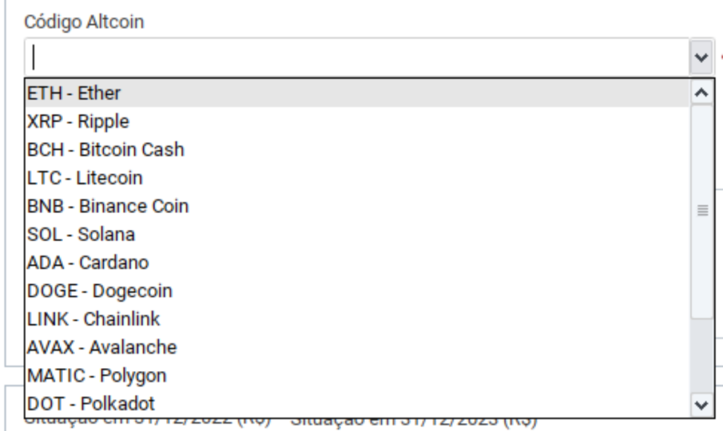 Menu suspenso de criptomoedas. Lista opções como Ether, Ripple, Bitcoin Cash, Litecoin e outras.
