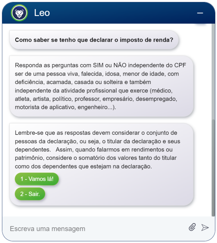 Chatbot Leo explica como saber se deve declarar imposto de renda, com instruções e opções "Vamos lá!" e "Sair".