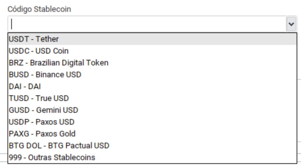 Menu suspenso para seleção de stablecoin. A opção 'USDT - Tether' está destacada.