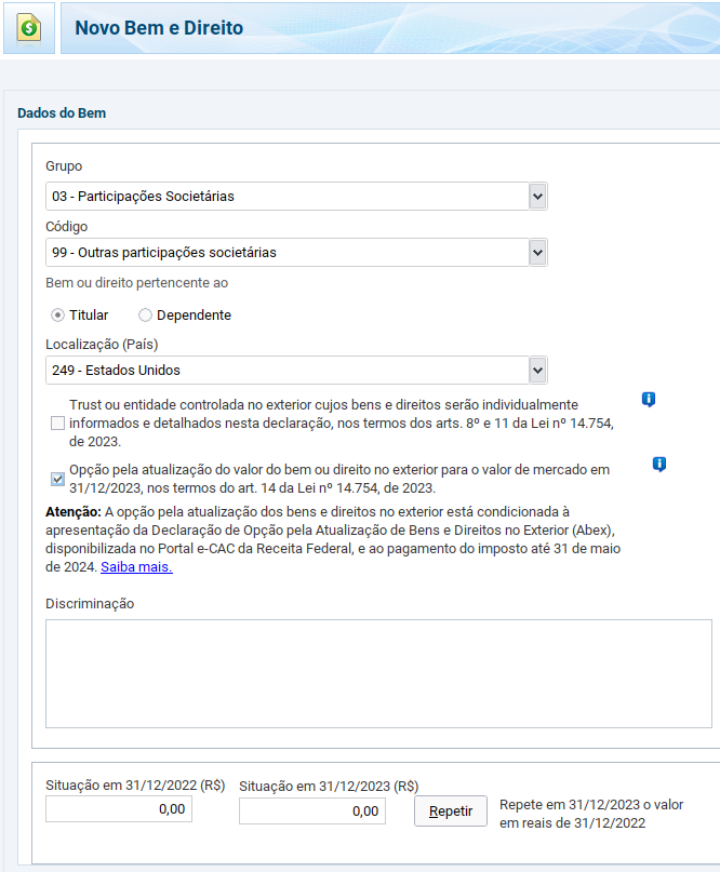 Formulário para declarar novo bem/direito no exterior (participações societárias nos EUA). Inclui valores e opção de atualização.