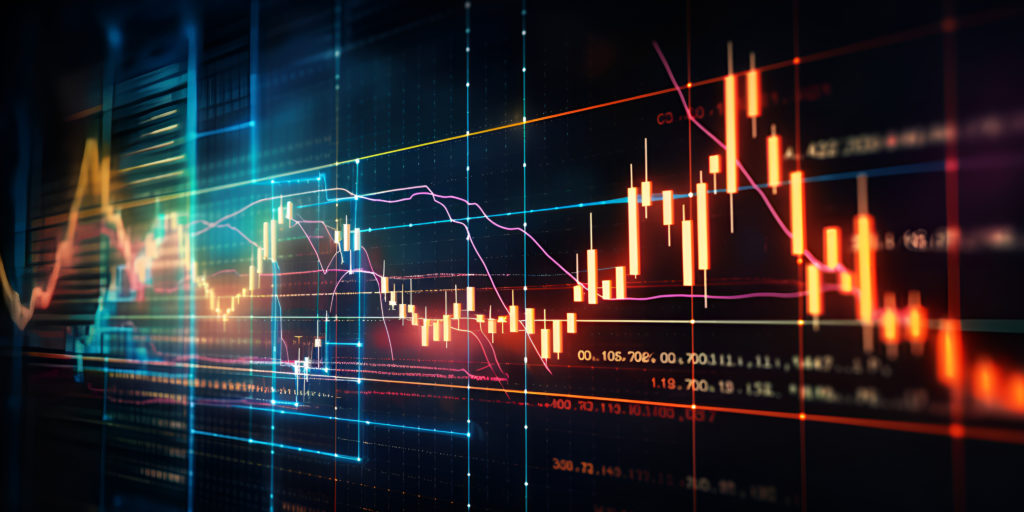 Gráfico financeiro digital com linhas e velas luminosas, exibindo dados de mercado.