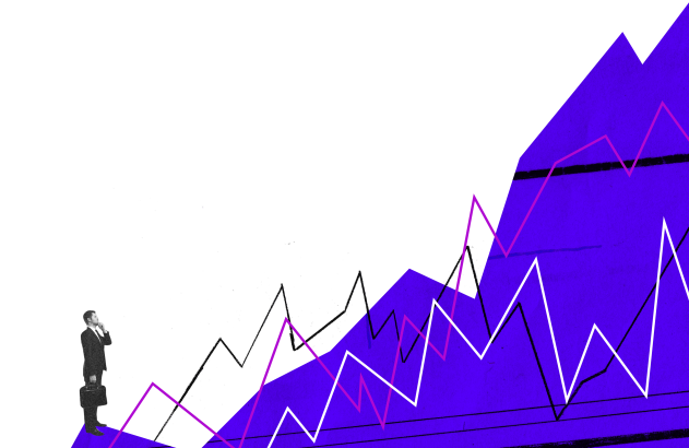 Ilustração em estilo colagem; gráfico; subida de números; dolar; selic; cambio; juros