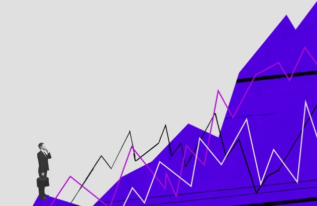 Ilustração em estilo colagem; gráfico; subida de números; dolar; selic; cambio; juros