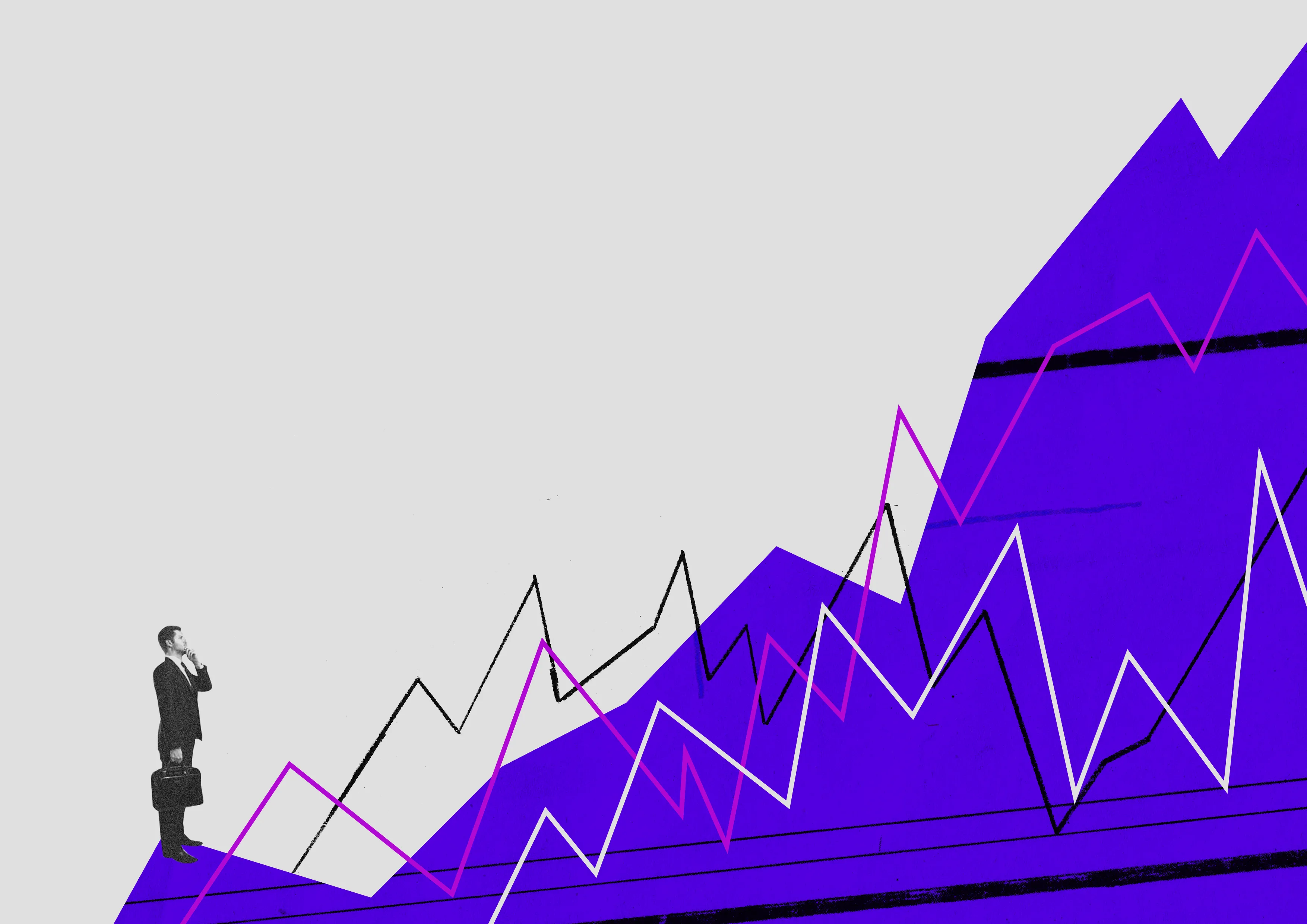 Ilustração em estilo colagem; gráfico; subida de números; dolar; selic; cambio; juros