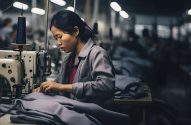 Retrato de mulher asiática costurando roupas em fábrica multinacional, empregos precários, más condições de trabalho, exploração e conceito de fast fashion