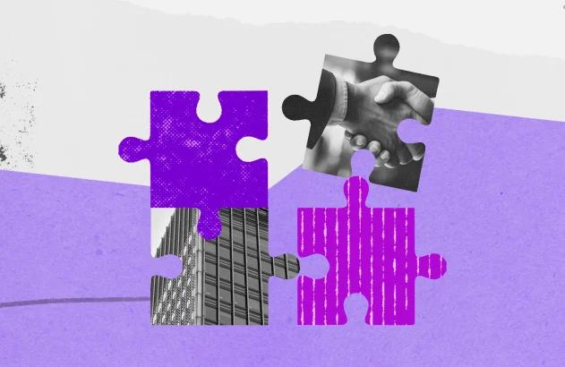 Ilustração em estilo de colagem sobre fusões e aquisições