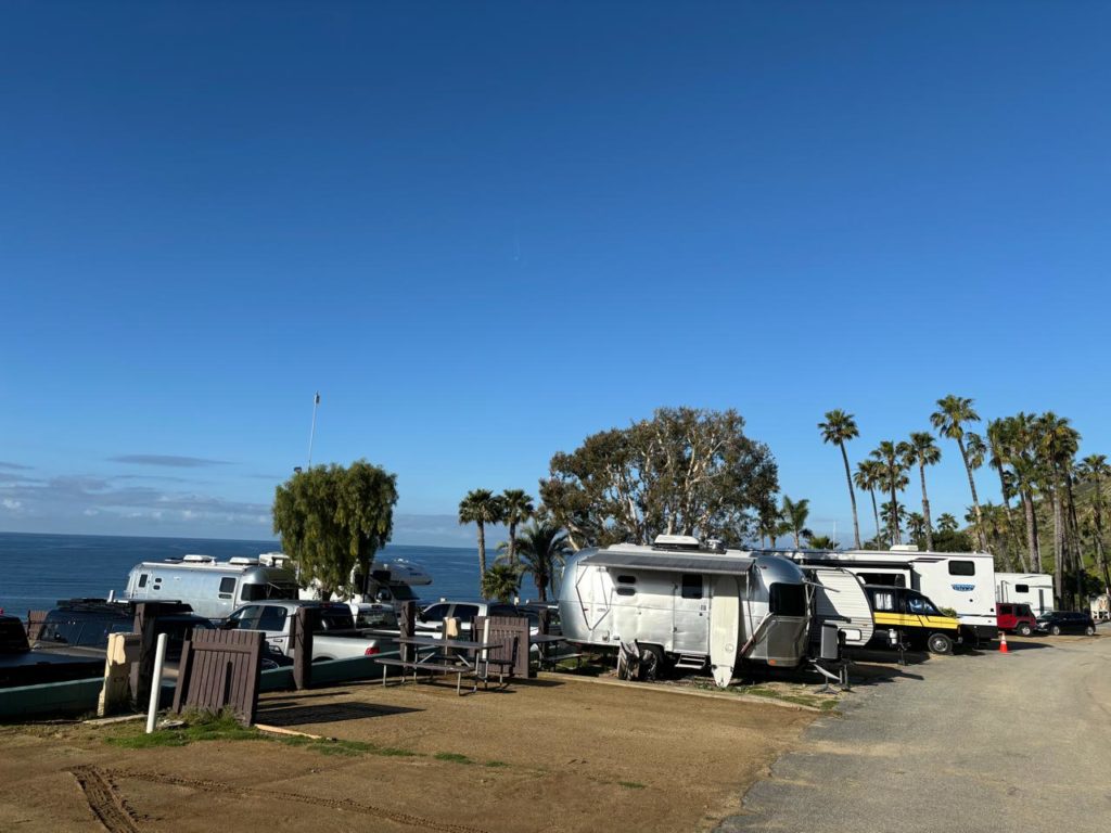 Acampamento com trailers e motorhomes à beira-mar, com palmeiras e um céu azul claro.