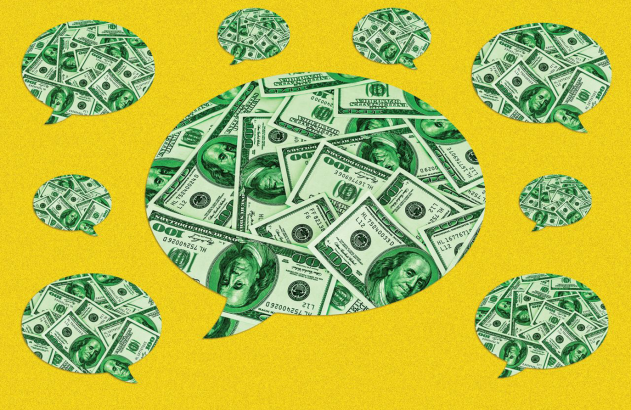 Balões de fala cheios de notas de US$ 100 em fundo amarelo, ilustrando discussões sobre dinheiro.