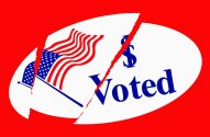 Adesivo branco "Voted" com bandeira EUA e cifrão, rasgado ao meio, sobre fundo vermelho.