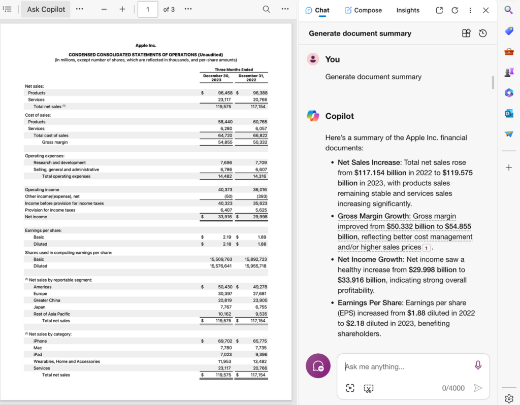 Copilot resume balanço financeiro da Apple. Dados de vendas, lucro e margem bruta.