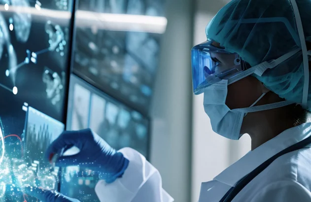 Pesquisador médico usando inteligência artificial para experimento de descoberta de medicamentos farmacêuticos