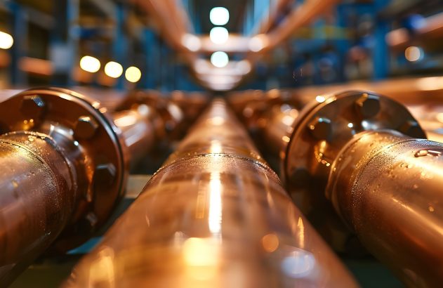Cobre em tubos estão alinhados e são de cor alaranjada e brilhantes