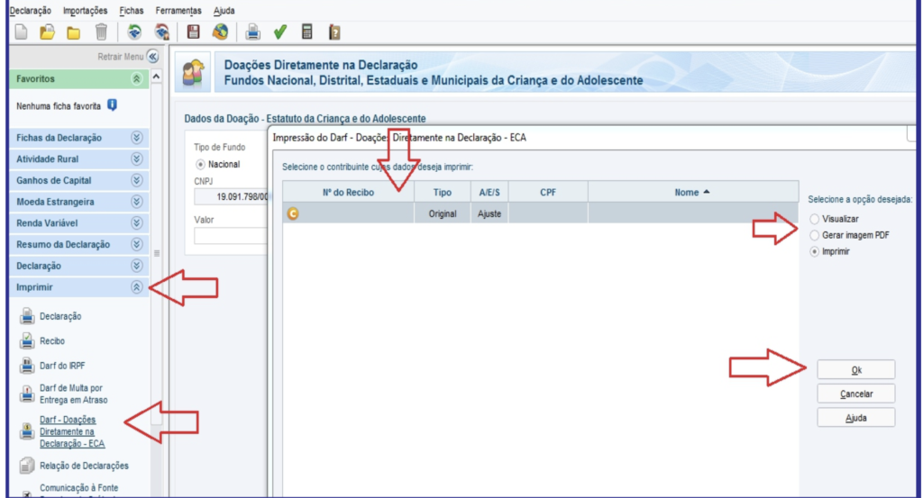 Interface de software de declaração de imposto, exibindo formulário de doações ao ECA. Setas vermelhas destacam navegação e impressão.