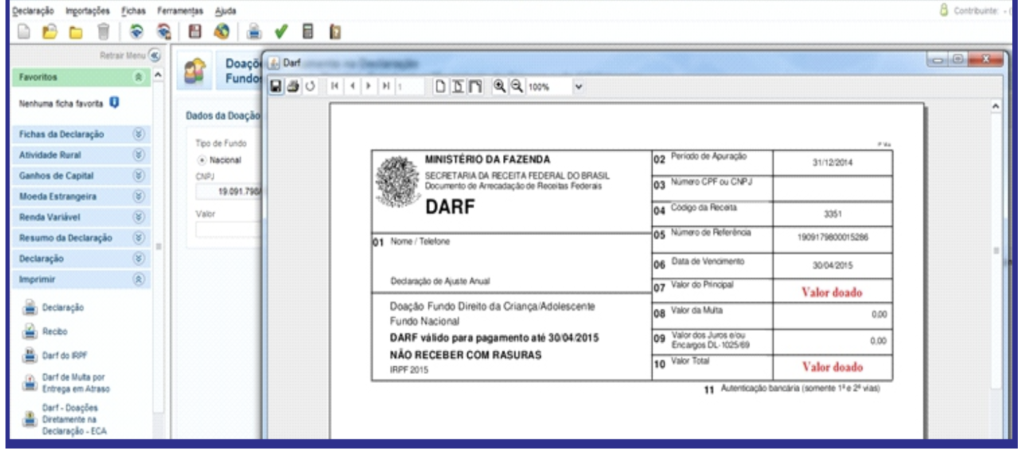 Software de imposto de renda brasileiro com formulário DARF para doação a fundos de direitos da criança.