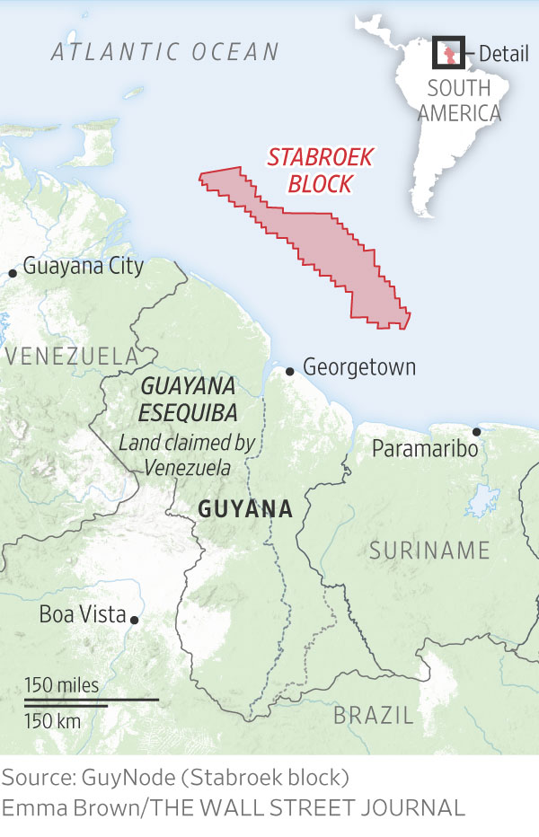 Mapa: Bloco Stabroek no Atlântico e Guayana Esequiba, região disputada por Venezuela e Guiana.