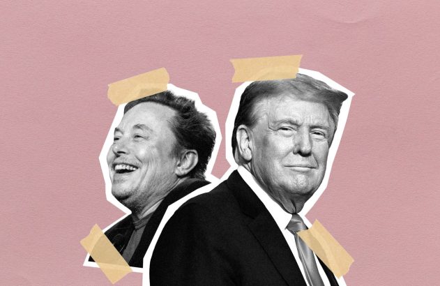 Elon Musk rindo e Donald Trump em recortes P&B colados com fita adesiva em fundo rosa. Estilo colagem.