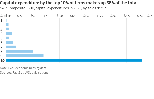 Gráfico de barras: Gastos de capital por decil. Top 10% das empresas respondem por 58% do total.