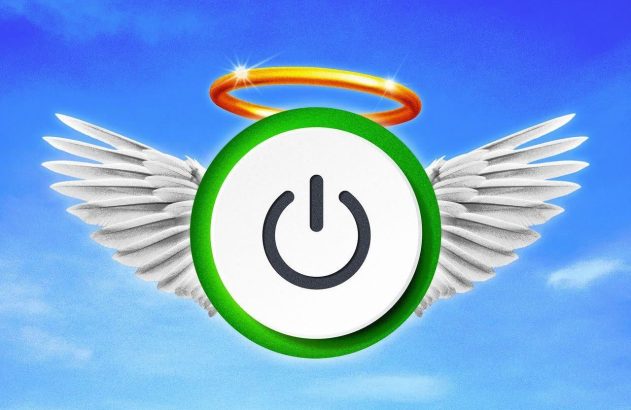 Símbolo de poder verde com asas e auréola de anjo no céu azul.