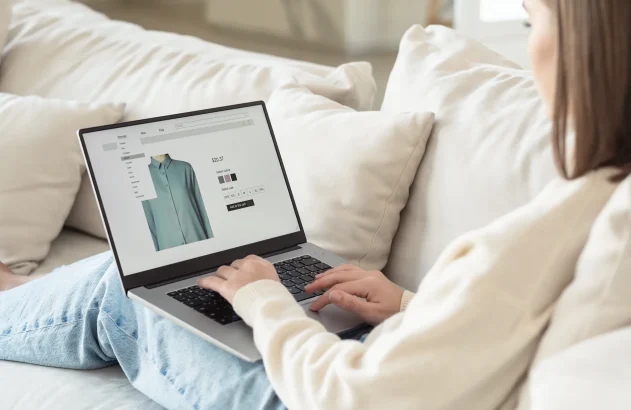 Mulher deitada no sofá com um notebook fazendo compra online; e-commerce; importação; shein